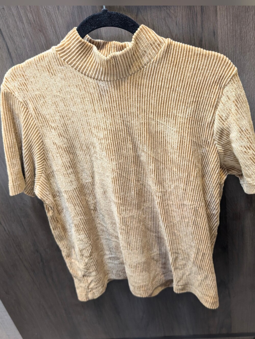 🤎Vintage Y2K Mock Neck Corduroy Top XL Beige Short Sleeve Stretch NY & Co Tee